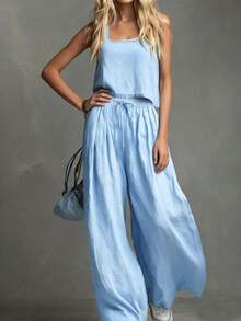 Sky Blue Square Neck Sleeveless Drawstring Wide Leg Pants 2 Pieces Set, Loose Flowy Casual Vacation Outfit For Women, Summer - Baby Blue - View 6