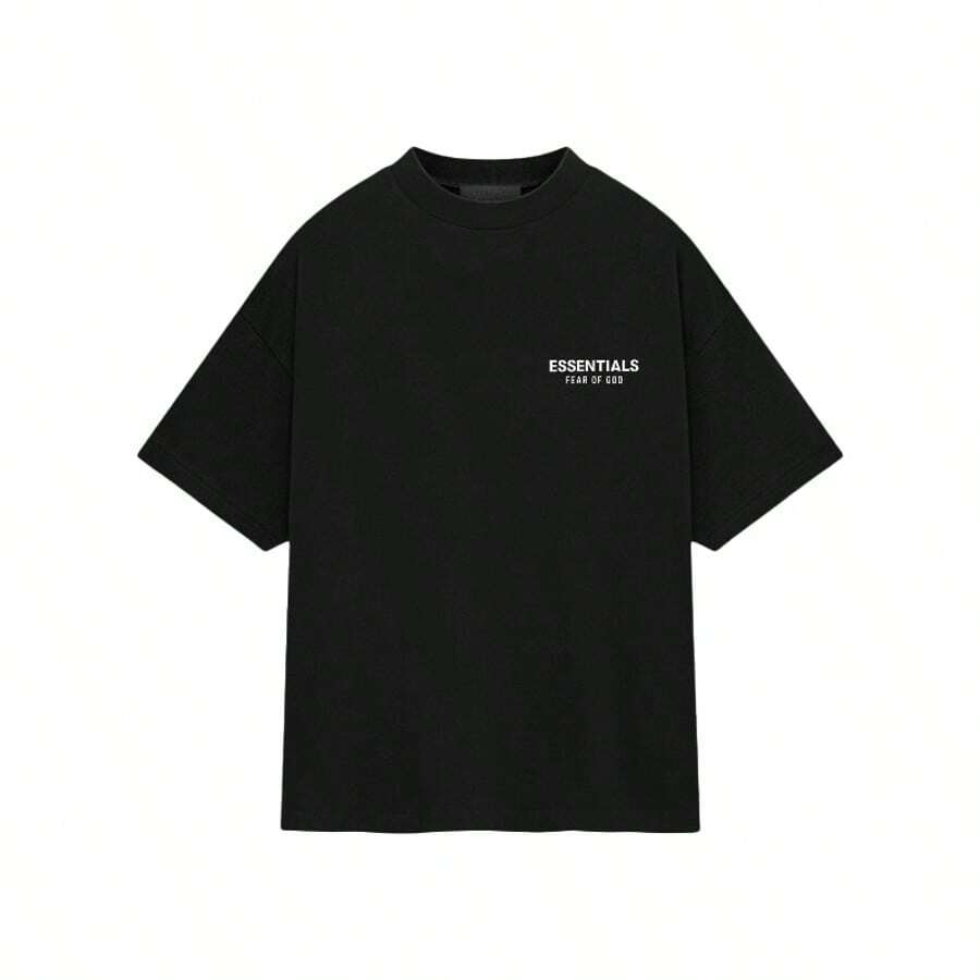 Essentials FW24  Crewneck Lightweight Stretch Logo Crew Neck Short Sleeve Tee Unisex Cotton Summer T-Shirt, Everyday Basic Top - Black - View 1