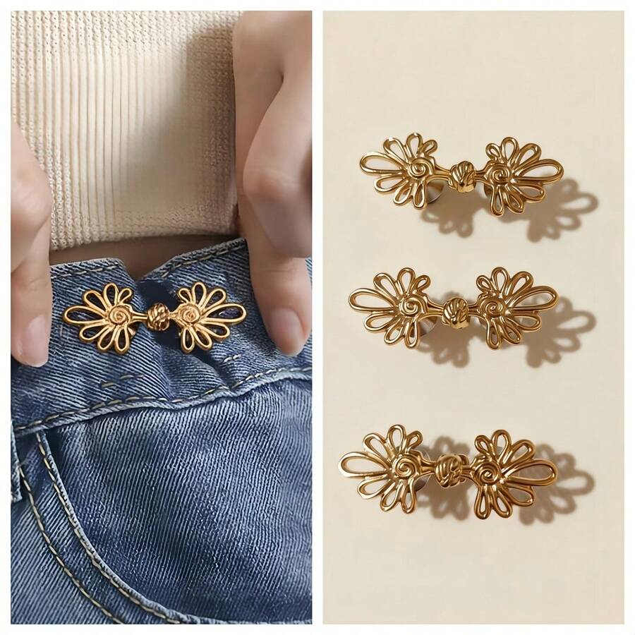 2pcs Elegant Waist Belt Adjusters, Designed To Fit Loose Jeans With A Golden Wood Grain Pattern. Ideal For Daily Waist Tightening, Serving As A Stylish Accessory For Pants, A Must-Have For Fashion Enthusiasts