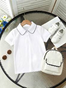 3件套女童夏季短袖polo衫，荷叶边领上衣，学院风 - 白色 - 查看 3