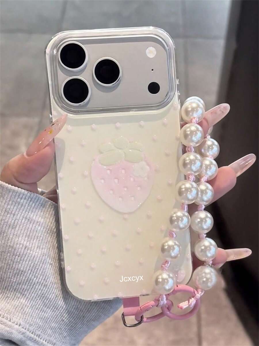 Funda de teléfono con estampado de lunares de fresa estilo Y2K para iPhone 17 Pro Max, 17 Pro, 17, 16 Pro Max, 16 Pro, 16, 15 Pro Max, 15 Pro, 14 Pro Max, 14 Pro, 13, 12 Pro Max, 11, 16, 15, 14 Plus, con correa de muñeca, cubierta protectora de gelatina de color macaron