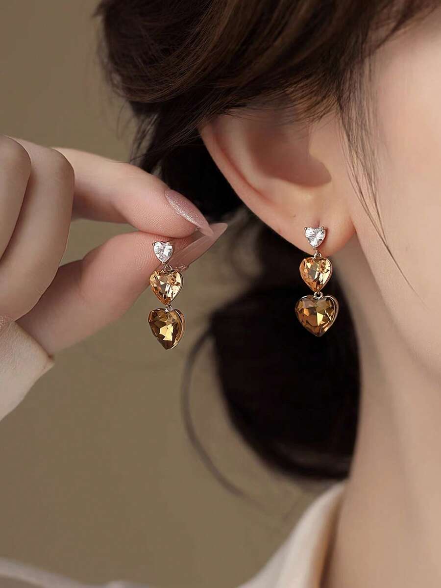 1 Đôi bông tai thiết kế hình trái tim lãng mạn kiểu Pháp tối giản, độc đáo, đính đá thủy tinh nhân tạo, phù hợp cho nữ giới đeo hàng ngày, đi nghỉ mát hoặc hẹn hò. - Bạc + Nâu - Xem 1