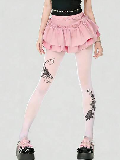 1双女士天鹅绒玫瑰藤蔓印花连裤袜，非常适合婚礼季，新颖独特，舒适时尚，适合日常穿着、通勤、节日派对和外出活动。