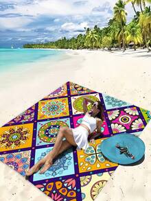 1 pieza Alfombra de estilo bohemio tipo mandala, Alfombra grande impermeable y antiarena con impresión digital, Adecuada para viajes al aire libre, camping y picnics - A - Ver 4
