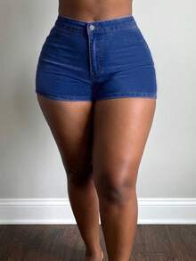 Quần short denim cạp cao co giãn dành cho nữ cỡ lớn, quần short ôm sát gợi cảm. - Rửa tối - Xem 4