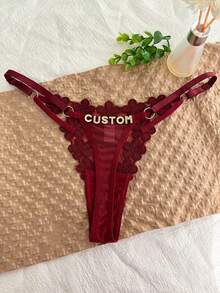 1pc Personalized Name Customized Crystal Letter Decor Sexy Embroidery Bikini Panty, T-Back Floral Panty, Custom Made G-String Underwear, Gift For Girlfriend, Wife, Best Friend For Valentine's Day, Christmas, Halloween, Thanksgiving, Birthday, Anniversary,Bridallingerie - Burgundy - View 3