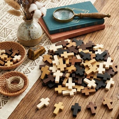 50pcs Small Natural Wooden Cross Charms Wood Cross Bead Charms Mini Pocket Crosses Beads Tiny Jewelry Making Crosses Vintage Wood Craft Charm For DIY Earrings Bracelets