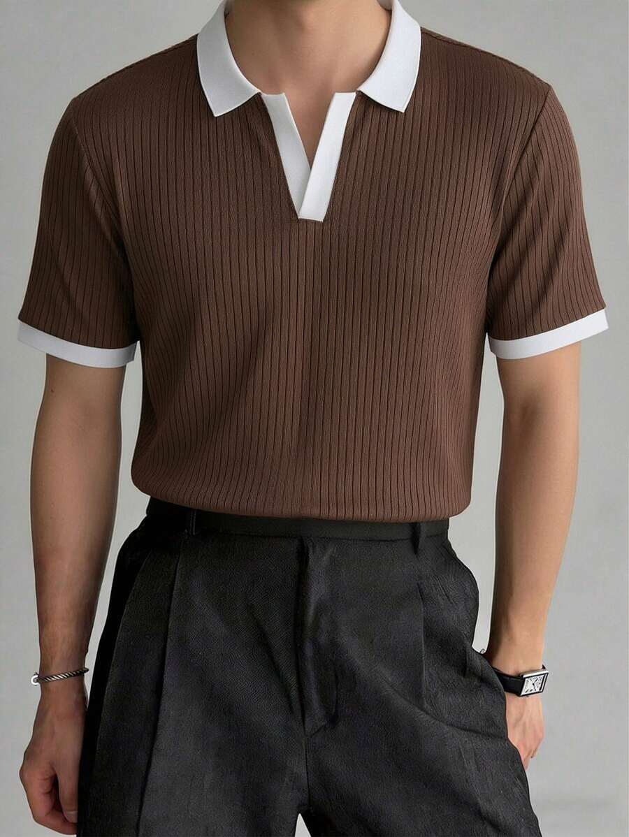 WAIT HIM Men's Contrast Color Short Sleeve Polo Shirt, Minimalist And Fashionable, Suitable For Summer - Brown - View 1