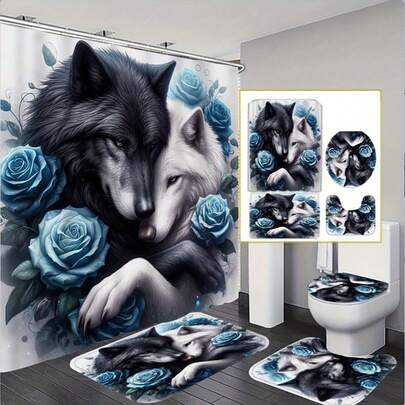Bộ trang trí phòng tắm mùa đông 1/4 món hình Vua Sói và Bầy Sói gồm 12 móc treo, rèm tắm, thảm chống trượt, bọc bồn cầu và thảm hình chữ U, có thể giặt máy.
