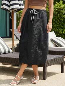 Y2K Cargo Maxi Skirt Women Drawstring Elastic Waist Solid Color Soft Breathable Long Midi Jogger Skirt Casual Going Out Party Date Vacation Beach Summer Faldas De Mujer Ropa Elegante - màu đen - Xem 4