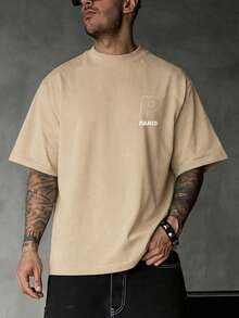 Camiseta de Manga Curta com Gola Redonda, Estampa Gráfica de Letra de Anjo Vintage, Moda de Rua Casual de Verão para Homens FRACTYR - Damasco - Visão 3
