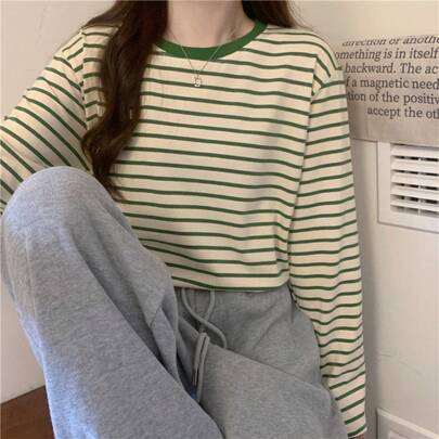 2026 Loose Striped Spring T-Shirt, Women's Thin Long Sleeve Round Neck T-Shirt, Women's Outdoor T-Shirt, Women's Casual Top.