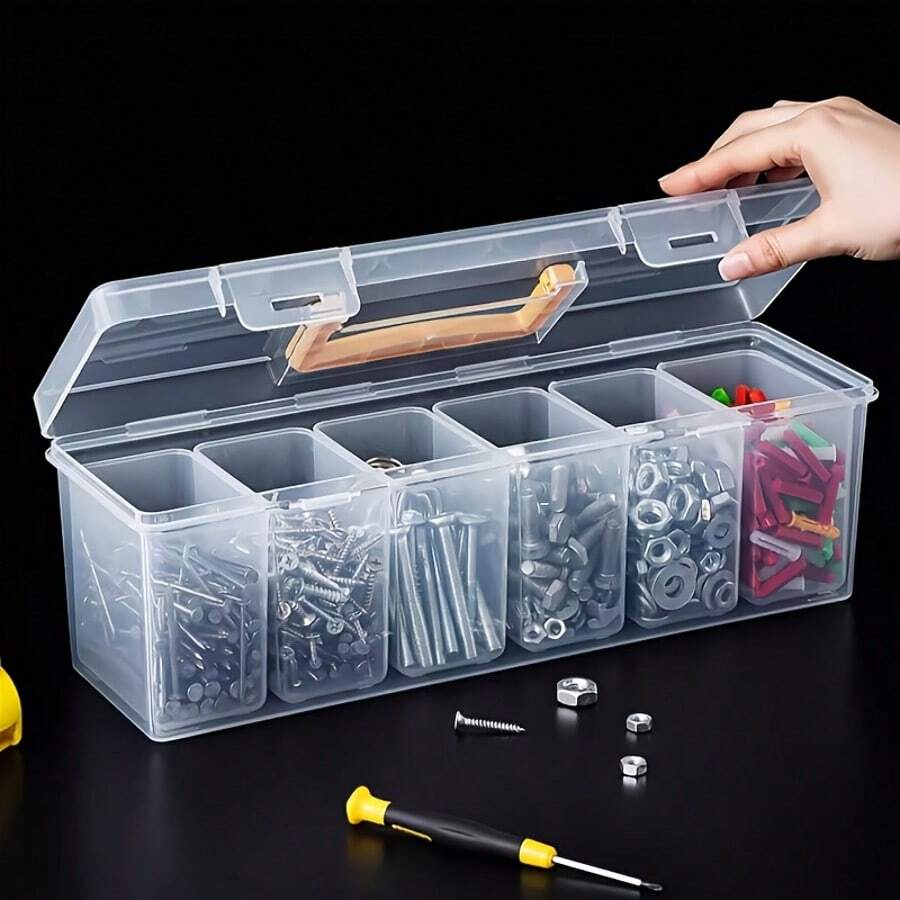 7pcs (6 Small Boxes + 1 Large Box) Tool Parts Storage Box, Multi-Compartment Portable Transparent Tool Storage Box, Home Screws, Wrenches, Hardware Parts Organizer Box, Toy Storage Box, Portable Divided Organizer Box