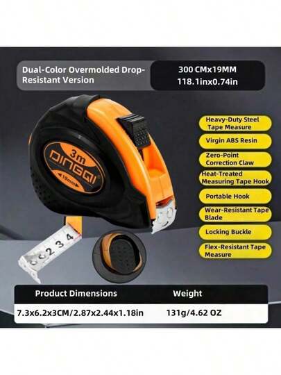DINGQI Thước dây hệ mét 118,1 inch/300cm, chất liệu nhựa ABS kỹ thuật - Có khóa cố định, bền, có thể thu gọn, độ chính xác 0,01, chống trầy xước, nhỏ gọn và dễ mang theo, chống nước và chống bám bẩn, thích hợp cho công nghiệp chế biến gỗ và thủ công, thước có thể điều chỉnh độ dài, ứng dụng trong nông nghiệp, công nghiệp, chế biến gỗ và gia đình.