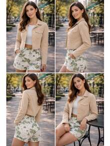Women's Short Suede Style Jacket With Buttons - Chic Casual Fashion  2026 Premium - 米色 - 查看 5