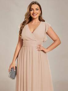 V-Neck Backless High Waist Pleated Bridesmaid Wedding Party Dress Spring - Champagne - View 3
