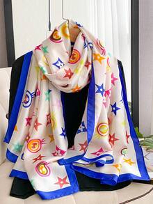 1pc Elegant Faux Silk Scarf With Pentagram Print, Versatile Shawl For Sun Protection, Fashion Accessory For Daily Use,Beach,Holiday - Blue and White - View 2