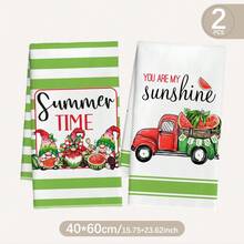 MEMNUN Conjunto de 2 panos de prato com estampa de caminhão de gnomos e melancia listrados em verde, com as frases "Summer Time" e "You Are My Sunshine", 40 x 60 cm (15,75 x 23,62 polegadas). Feitos em poliéster super macio, são ideais para decoração de casa, cozinha e banheiro, além de serem ótimos para presentear. - Multicolorido - Ver 2