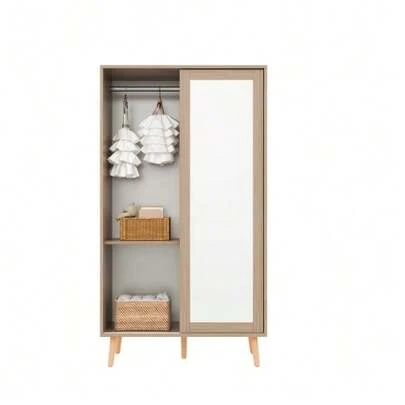 Kinderkleiderschrank, Schiebetürenschrank mit Kleiderstange, Spanplattenmaterial, Vollholz-Standfüße, white+naturliches Holz, 80*46*141,5cm