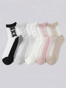 1 Pair Women's Black Crew Socks With Bow Pattern, Thin Transparent Glass Silk Crystal Sweet Korean/Japanese Style, Comfortable Moisture-Wicking, Spring/Summer - Multicolor - View 2