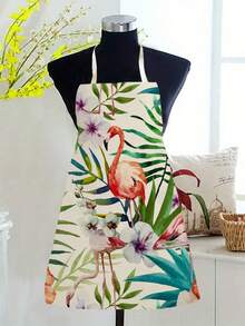 1件热带火烈鸟印花单面围裙，男女通用成人围兜式围裙，带挂脖和系带，适用于家庭、厨房、烹饪，防水防污 - 彩色 - 查看 3