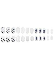 24pcs Short Oval-Shaped Artificial Nails, Summer Beach Shell & Starfish Plaid Design, Suitable For Vacation Or Daily Wear, Detachable Nail Tips With 1pc Jelly Gel And 1pc Nail File - Multicolor - View 5