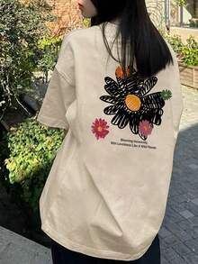 女款寬鬆版型圓領短袖字母與花卉印花T恤，春夏休閒款 - 杏色 - 查看 3