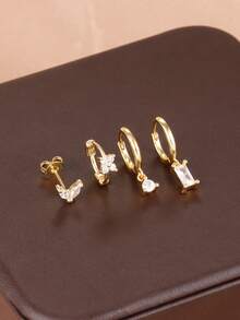 4 pièces Boucles d'oreilles à anneaux pendentifs fleur, feuille et goutte d'eau en zircone, plaqué or 18 carats, pour piercing de cartilage, bijoux pour femmes - 4 pièces - or - blanc - Voir 2