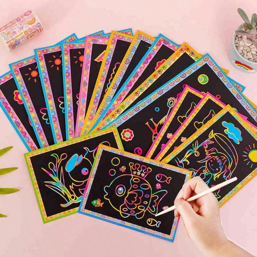 DIY Scratch Art Toy Set, Magic Painting Paper With Scratch Pen & Wooden Pencil, Creative Coloring Craft Kit, Fun Art Gift For Children - Color - View 1
