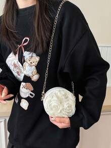 时尚3D蕾丝花朵圆形包，少女独特百搭链条单肩斜挎包 - 米色 - 查看 5