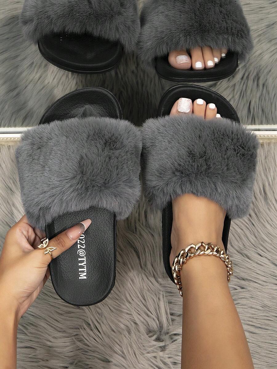 Women's Faux Fur Slide Sandals - Open Toe Fluffy Slippers With Thick Sole For Indoor & Outdoor Wear