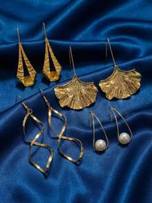 4对/1对女士时尚优雅金属圈形耳环，精致耳环套装，配仿珍珠首饰配件 - 金色 - 查看 2