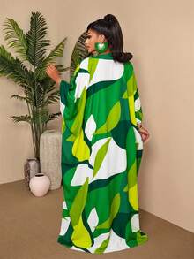 BIUBIU Plus Size Women's Elegant Casual Summer Maxi Dress - Green & White Geometric Print V-Neck Batwing Kaftan Dress, Suitable For Vacation & Beach Spring - White Green - View 2