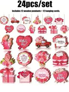 48/24pcs Mother's Day Wooden Hanging Ornaments, Mother's Day Pendants, Slice Tag Decorations, Wooden Mom Decor, Birthday Party Anniversary Family Tree Decor, Mother's Day Gifts - One Size Fits All - View 10