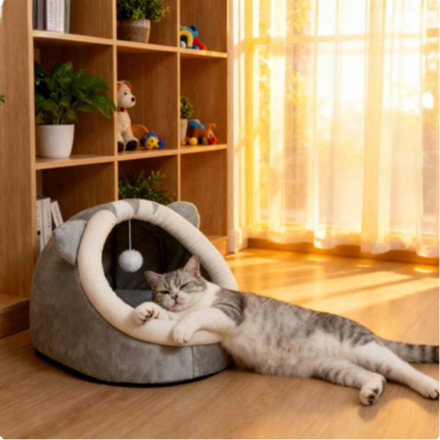 Giường ngủ bán kín cho mèo/chó, đệm nằm cho thú cưng có thể tháo rời và giặt được, nhà ấm áp cho mèo/chó vào mùa đông.