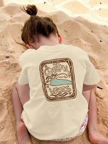 1 chiếc áo thun ngắn tay họa tiết sóng biển "Coastal Vibes" cho bé gái, kiểu dáng thường ngày đi biển. - Màu be - Xem 6