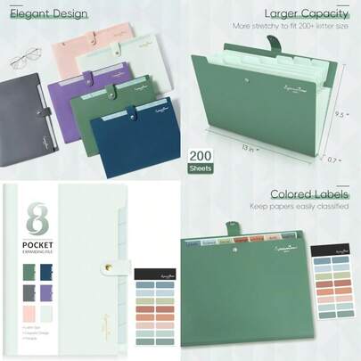Elegant Accordion File Organizer 8 Pocket Expanding File Folders With Labels Portable Folder For Documents Cute Paper Organizer For School Office Supplies Letter Size Light Green