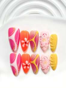 10er Set handgefertigte Nagelkunst im bunten Patchwork-Stil, inklusive Gel-Nägel, handgeschnitzte Fünfblatt-Blumen, Streifen- und Polka-Dot-Nageldekorationen, orangefarbener, rosa und gelber Nagellack, exquisiter Modestil, mit Nagelkunst-Werkzeugen (1 Stück Jelly-Aufkleber + 1 Stück Nagelfeile). 3 Größen erhältlich: quadratische Nägel, kurze quadratische Nägel, Mandel-Nägel. Geeignet für Partys, tägliches Tragen, Partys, Fotografie, Frühling/Sommer-Pendeln und andere Anlässe. - Verschiedenfarbig - Übersicht 17