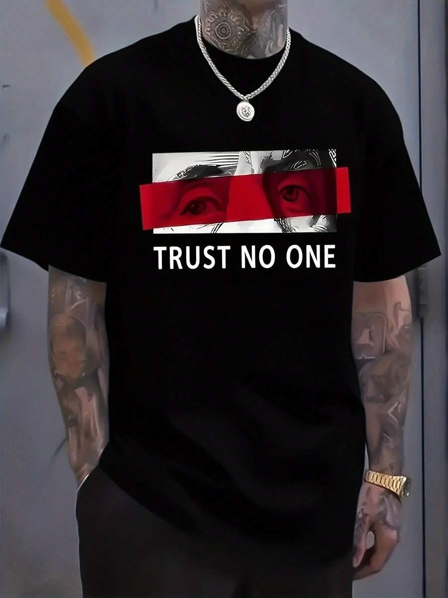100% Cotton Fashion Printed Men's T-Shirt, Simple Cut Highlights Masculine Charm, Combines Solid Colors With Vibrant Prints, Comfortable And Breathable, A Summer Essential Classic Casual Basic Tees For Men - 黑色 - 查看 1