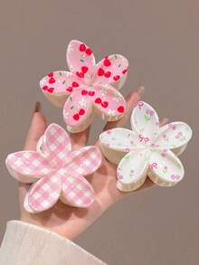 3个/1个 8厘米/3.15英寸 粉色可爱格子樱桃蝴蝶结设计精致发夹，轻巧塑料浴室发爪，适合情侣、日常、休闲、派对、通勤、海滩、度假、扎马尾辫、盘发、洗脸、化妆、搭配服装 - 彩色 - 查看 11