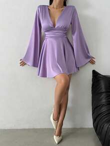 Elegant V-Neck Backless Long Sleeve Ruffle Twist Bodycon Mini Dress, Versatile & Slimming Party - Mauve Purple - View 4