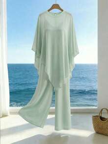 Bộ đồ nữ màu xanh bạc hà thanh lịch gồm áo choàng poncho mỏng và áo hai dây cùng quần ống rộng, thích hợp cho đi làm, đi nghỉ mát và hẹn hò, mùa xuân/hè. - Màu xanh Bạc hà - Xem 7