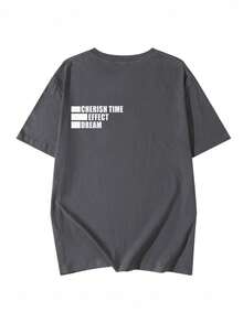 Kaos Wanita Lengan Pendek Kerah Bulat Longgar Serbaguna Minimalis dengan Cetakan Huruf, Kasual Musim Semi/Panas - Dark Grey - View 5