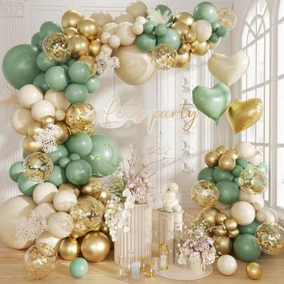 110pcs Sage Green Gold Balloon Garland Arch Kit, Olive Green White Sand Gold Confetti Balloon With Heart Foil Balloons For Baby Shower Birthday Wedding Engagement Party Decorations