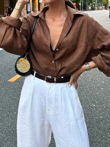 Look Polly 女士夏季棕色上衣，单排扣设计，胸前口袋，适合夏季海滩装扮，打造休闲街头风，通勤和周末度假必备单品 - 咖色 - 查看 3