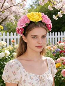 [Daisi] 1 pièce Nouveau serre-tête à fleurs artificielles, accessoire capillaire à fleurs en tissu rose, coiffe de photo de fée, couronne florale pour fête, cadeau pour la fête des mères - Multicolore - Voir 9