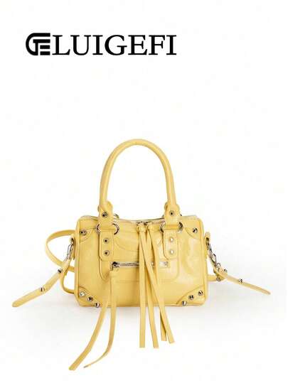 1pc Yellow Patchwork Rivet Studded Metal Tassel Zipper Decor Retro PU Material Strap Decor Rivet Studded Dual Handle Adjustable Long Shoulder Strap Zipper Closure Fashion Retro Sweet Cool Punk Style Motorcycle Bag Y2K Punk Style Square Bag Women Handbag Casual Low-Key Luxury Style Women Crossbody Bag Suitable For Daily Travel Shopping Etc. , Punk, Bags Ladies Elegant, Yellow