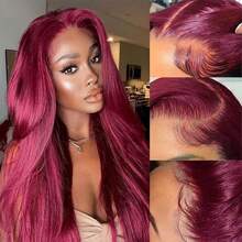 13x4 酒红色蕾丝前假发，真人混纺直发，99J 蕾丝假发，预先拔毛，带婴儿发，180% 密度，自然发际线，直发，适合 8-36 英寸女性（混纺假发 - 真人发和合成纤维混合）。真人混纺假发/女士真人混纺假发/真人混纺蕾丝前假发/无胶假发/漂白发结/预先拔毛/蕾丝假发/提升您的造型/增强自信/完美礼物 - S99J - 查看 5