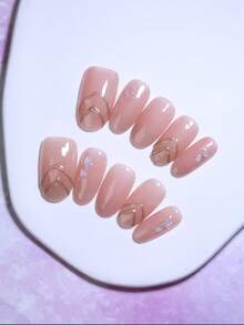 10pcs Oval Short Handmade Nude Pink Reusable Nail Tips With Gold Geometric Pattern And Shell Fragments, Minimalist Nail Salon Quality Nail Art Suitable For Women And Girls Daily Wear - Pink - View 3