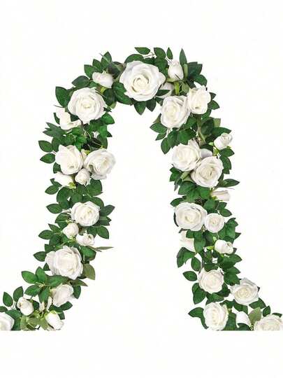 1条78.7英寸人造玫瑰藤蔓，人造白玫瑰花环，户外悬挂藤蔓，常春藤花环，适用于家居装饰、婚礼场地、派对装饰、餐桌摆饰、花园壁炉门廊装饰、夏季装饰、秋季装饰、卧室客厅办公室装饰、墙面装饰、万圣节装饰、桌面装饰、生日礼物